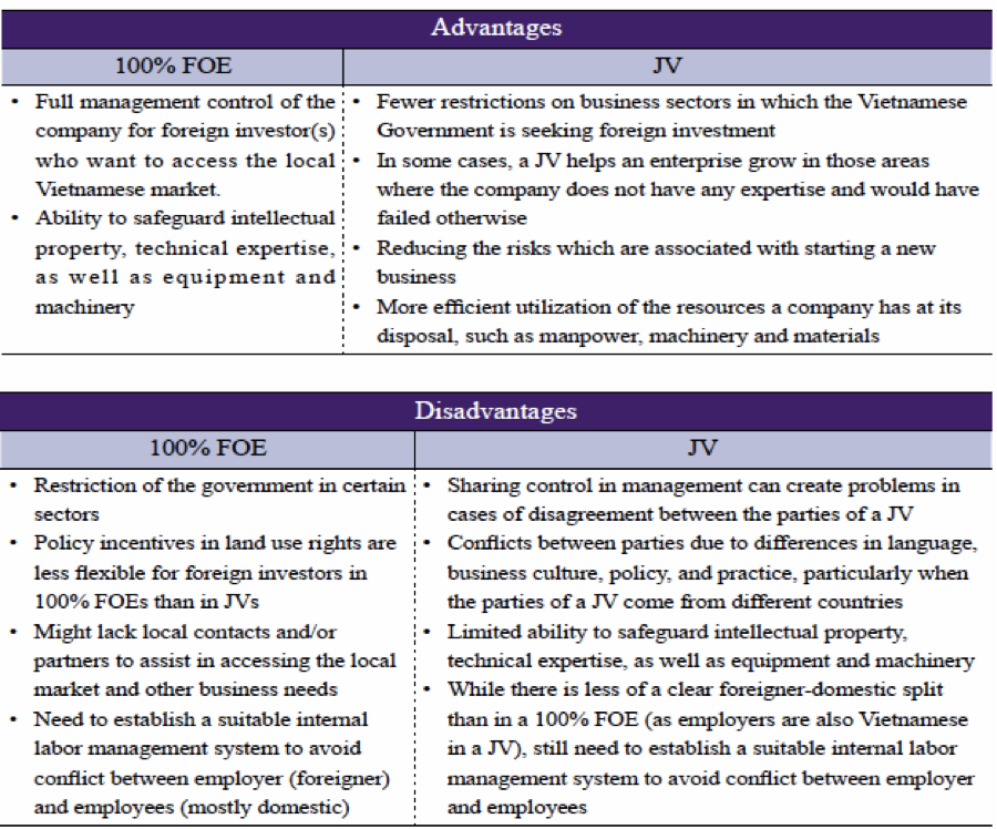 Advantages and Disadvantages of a wholly Foreign-Owned Enterprise (FOE) and Joint Venture (JV)
